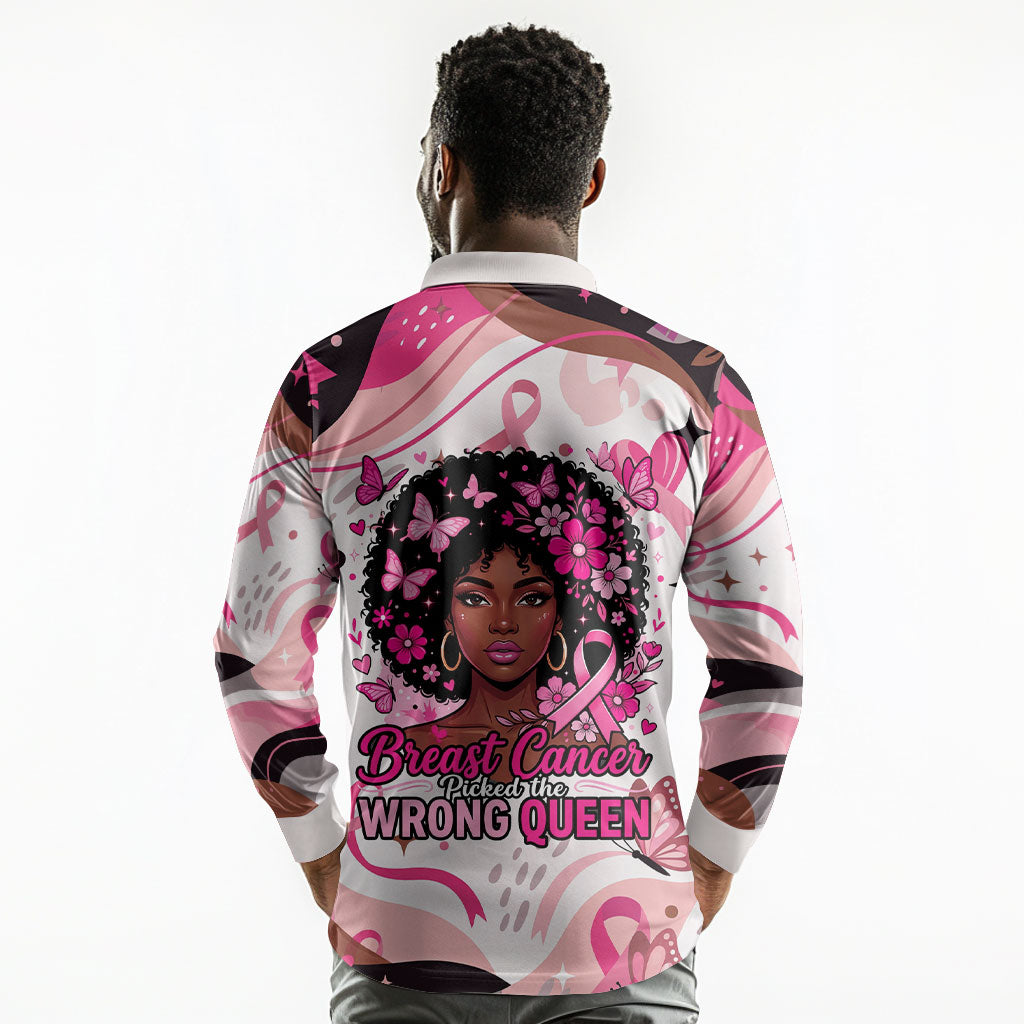 African American Breast Cancer Awareness Queen Long Sleeve Polo Shirt Pink Ribbon Floral Butterfly Boxing Gloves Warrior Art