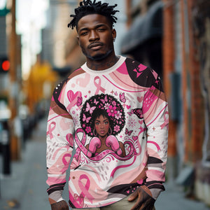 African American Breast Cancer Awareness Queen Long Sleeve Shirt Pink Ribbon Floral Butterfly Boxing Gloves Warrior Art