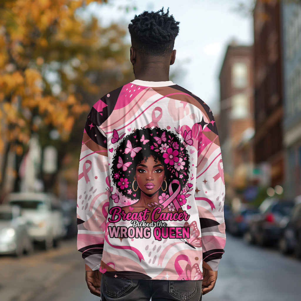African American Breast Cancer Awareness Queen Long Sleeve Shirt Pink Ribbon Floral Butterfly Boxing Gloves Warrior Art