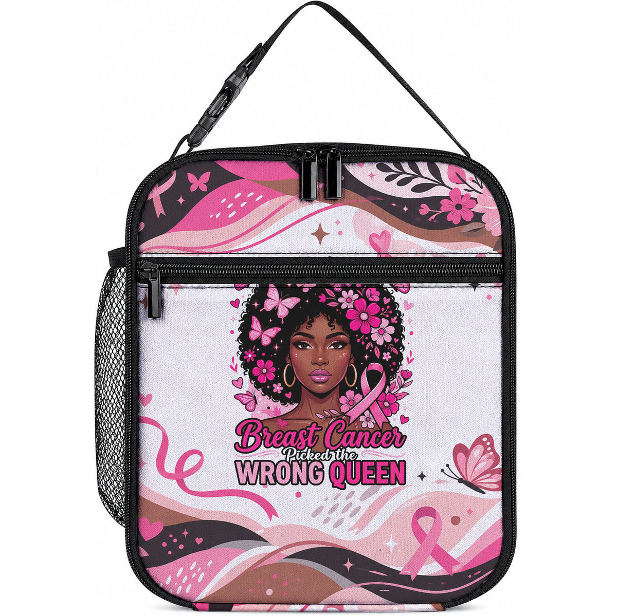 African American Breast Cancer Awareness Queen Lunch Bag Pink Ribbon Floral Butterfly Boxing Gloves Warrior Art