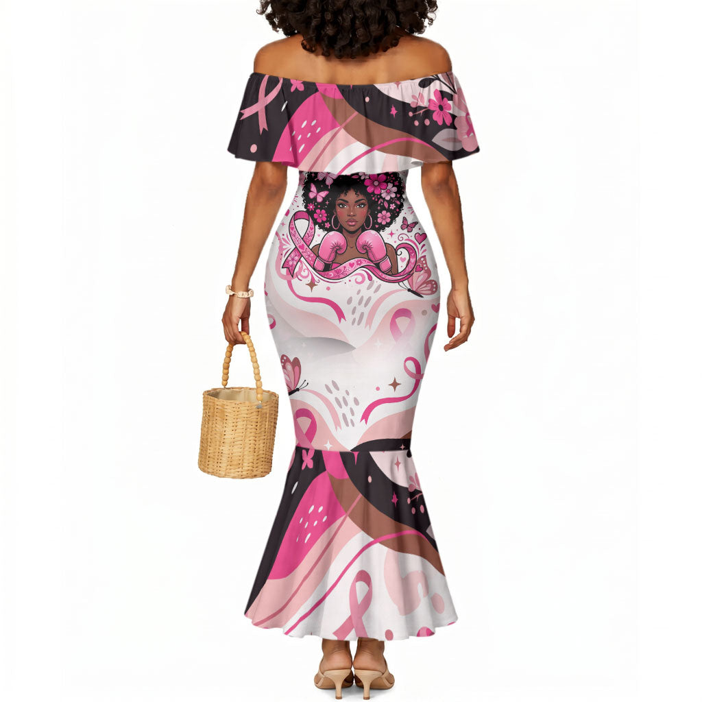 African American Breast Cancer Awareness Queen Mermaid Dress Pink Ribbon Floral Butterfly Boxing Gloves Warrior Art