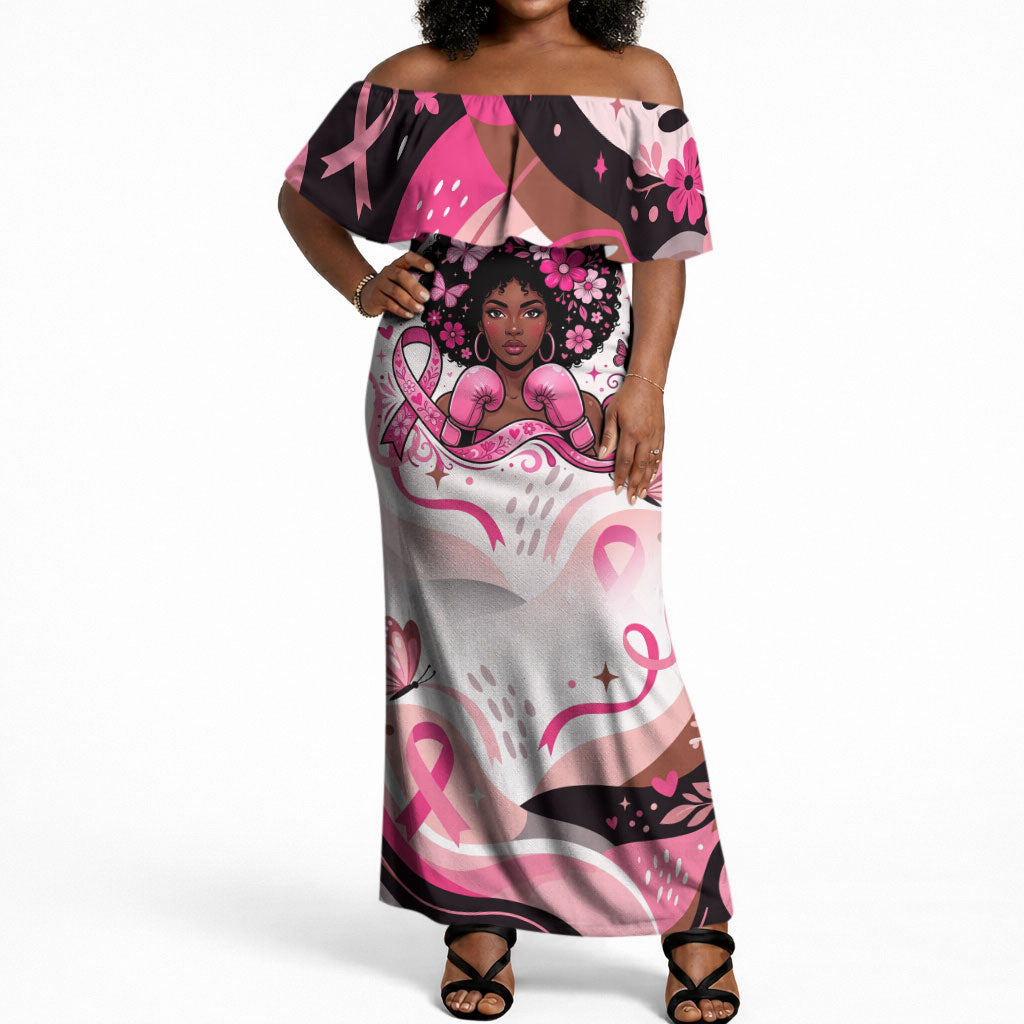 African American Breast Cancer Awareness Queen Off Shoulder Maxi Dress Pink Ribbon Floral Butterfly Boxing Gloves Warrior Art