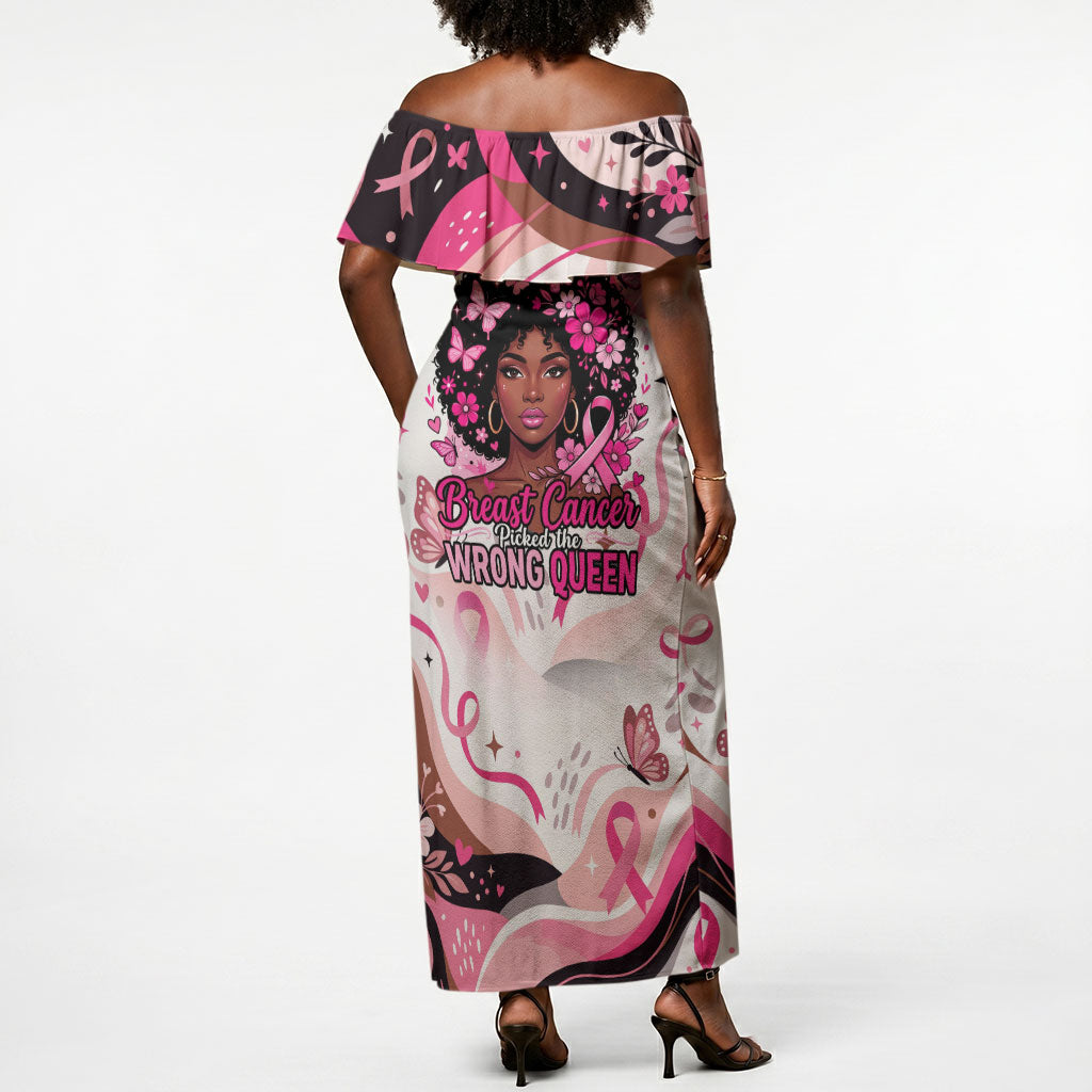 African American Breast Cancer Awareness Queen Off Shoulder Maxi Dress Pink Ribbon Floral Butterfly Boxing Gloves Warrior Art