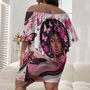 African American Breast Cancer Awareness Queen Off Shoulder Short Dress Pink Ribbon Floral Butterfly Boxing Gloves Warrior Art