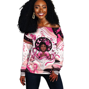 African American Breast Cancer Awareness Queen Off Shoulder Sweater Pink Ribbon Floral Butterfly Boxing Gloves Warrior Art