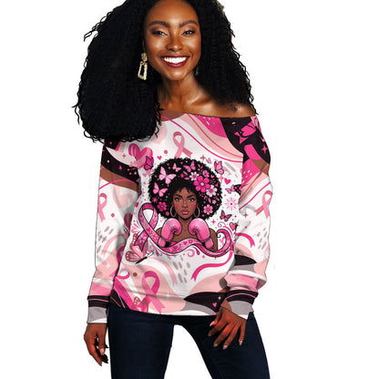 African American Breast Cancer Awareness Queen Off Shoulder Sweater Pink Ribbon Floral Butterfly Boxing Gloves Warrior Art