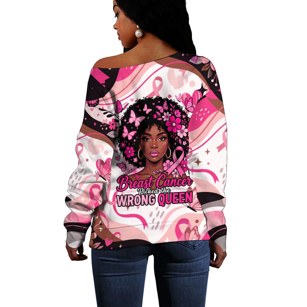 African American Breast Cancer Awareness Queen Off Shoulder Sweater Pink Ribbon Floral Butterfly Boxing Gloves Warrior Art