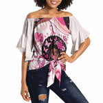 African American Breast Cancer Awareness Queen Off Shoulder Wrap Waist Top Pink Ribbon Floral Butterfly Boxing Gloves Warrior Art