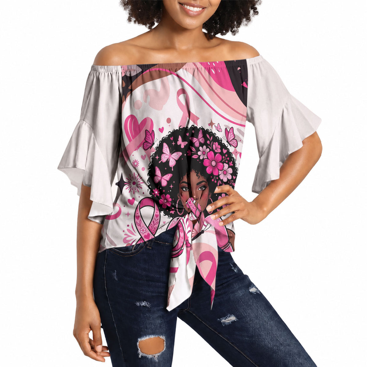 African American Breast Cancer Awareness Queen Off Shoulder Wrap Waist Top Pink Ribbon Floral Butterfly Boxing Gloves Warrior Art