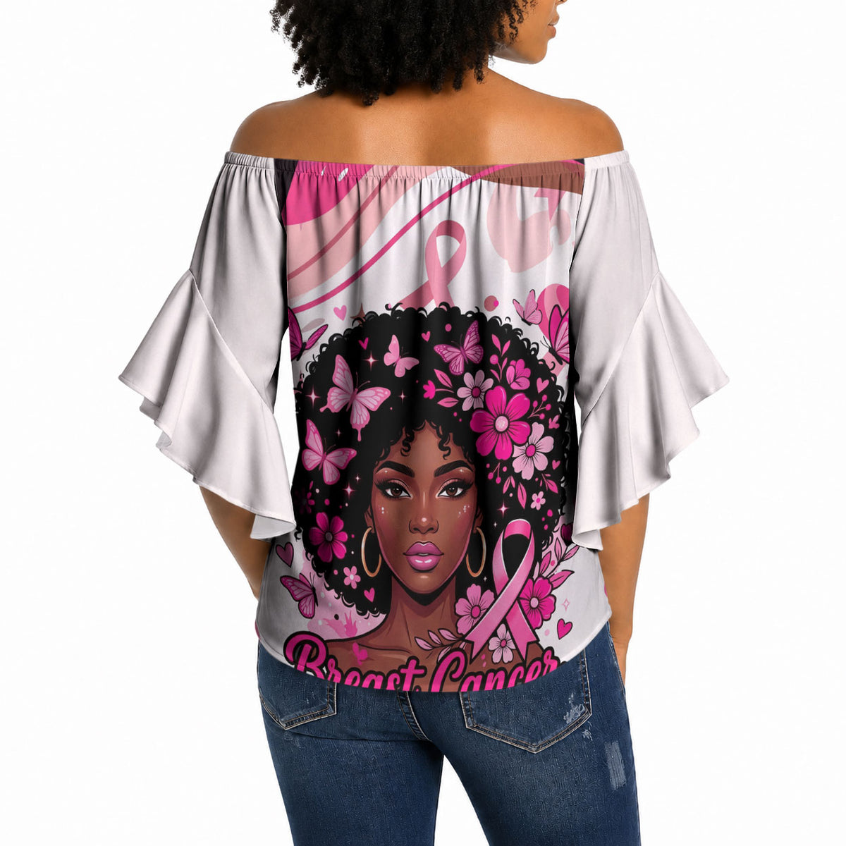 African American Breast Cancer Awareness Queen Off Shoulder Wrap Waist Top Pink Ribbon Floral Butterfly Boxing Gloves Warrior Art