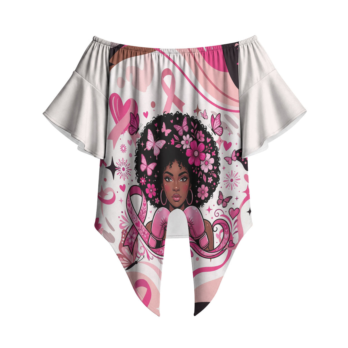 African American Breast Cancer Awareness Queen Off Shoulder Wrap Waist Top Pink Ribbon Floral Butterfly Boxing Gloves Warrior Art