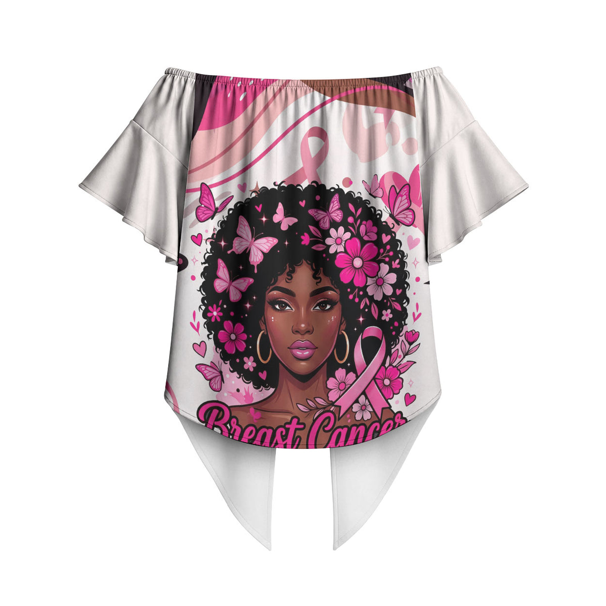 African American Breast Cancer Awareness Queen Off Shoulder Wrap Waist Top Pink Ribbon Floral Butterfly Boxing Gloves Warrior Art