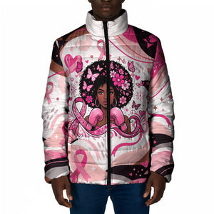 African American Breast Cancer Awareness Queen Padded Jacket Pink Ribbon Floral Butterfly Boxing Gloves Warrior Art