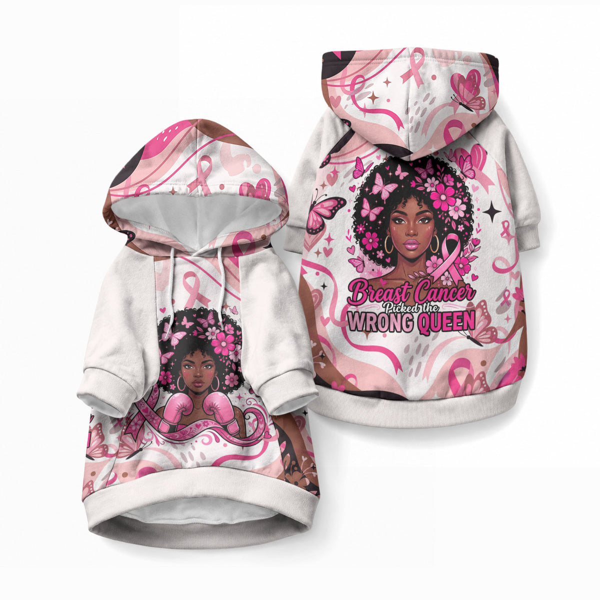 African American Breast Cancer Awareness Queen Pet Hoodie Pink Ribbon Floral Butterfly Boxing Gloves Warrior Art