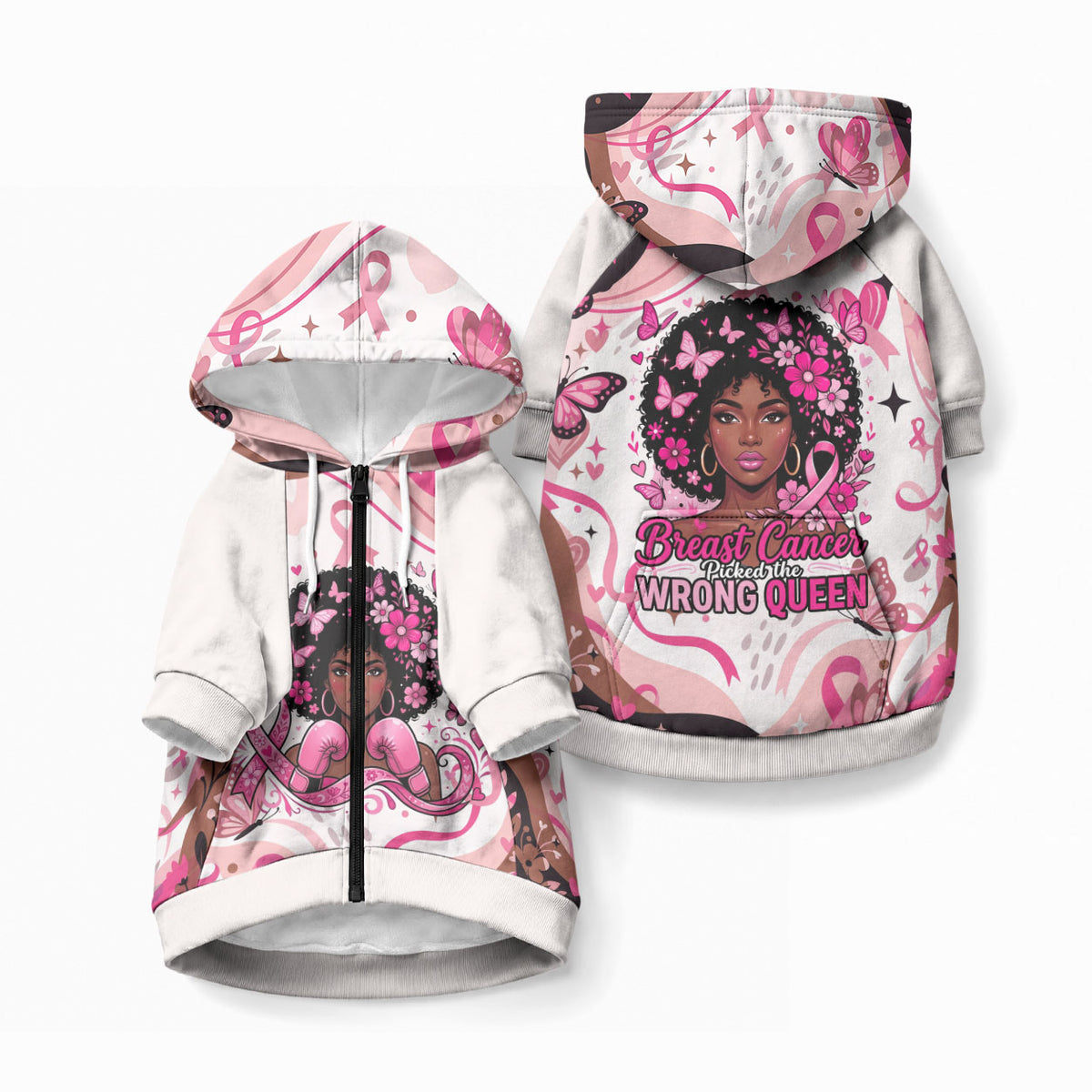 African American Breast Cancer Awareness Queen Pet Hoodie Pink Ribbon Floral Butterfly Boxing Gloves Warrior Art