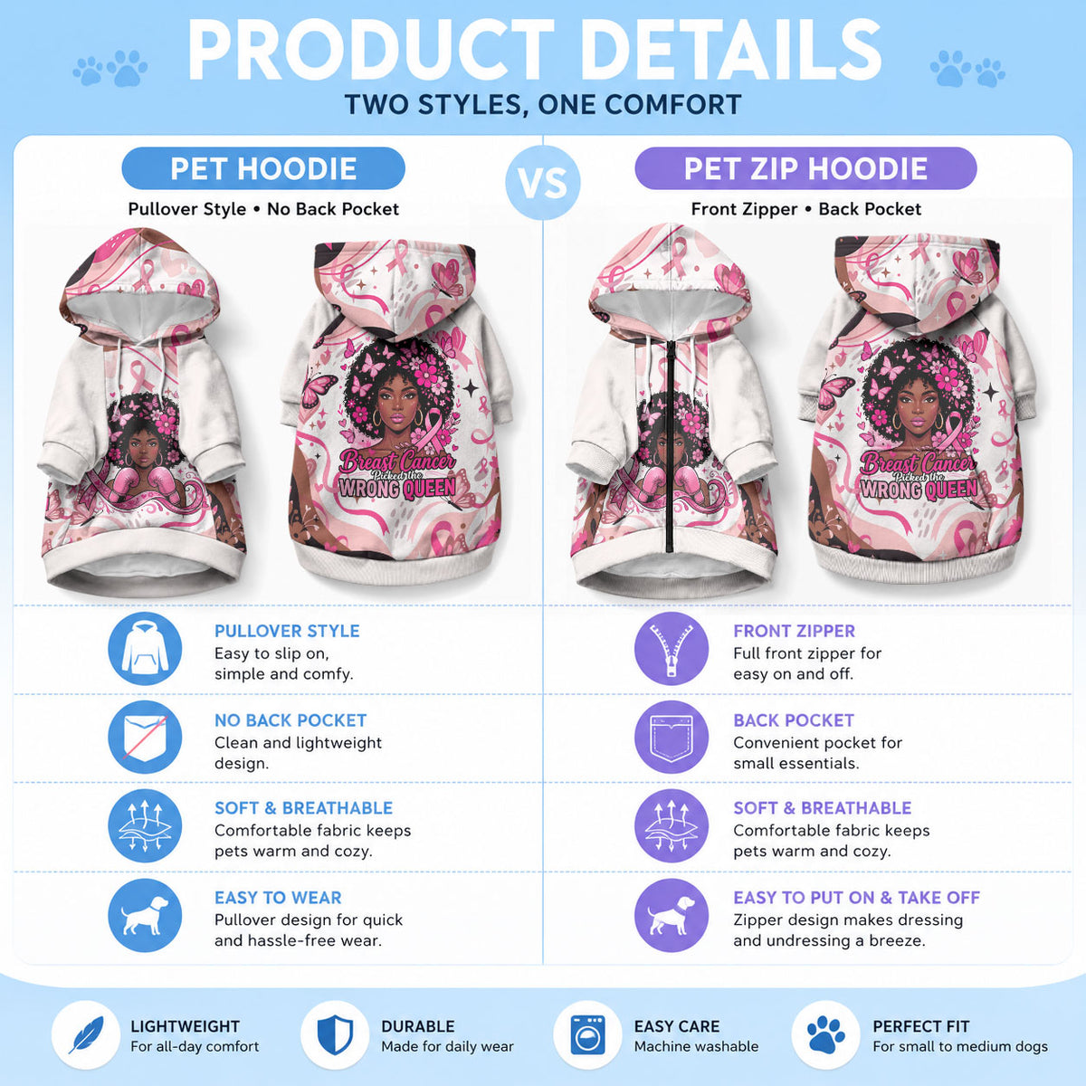 African American Breast Cancer Awareness Queen Pet Hoodie Pink Ribbon Floral Butterfly Boxing Gloves Warrior Art