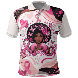 African American Breast Cancer Awareness Queen Polo Shirt Pink Ribbon Floral Butterfly Boxing Gloves Warrior Art