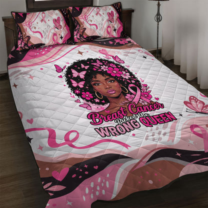 African American Breast Cancer Awareness Queen Quilt Bed Set Pink Ribbon Floral Butterfly Boxing Gloves Warrior Art