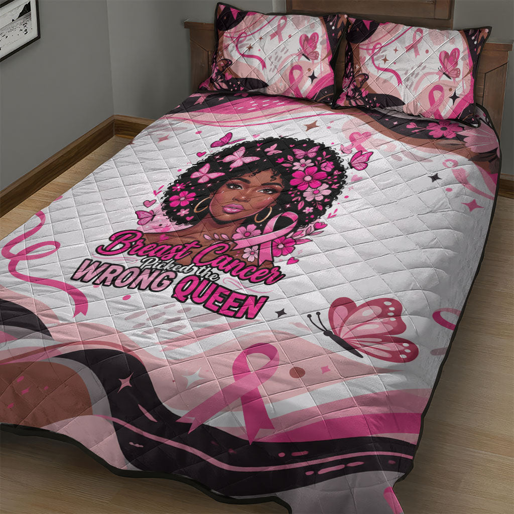 African American Breast Cancer Awareness Queen Quilt Bed Set Pink Ribbon Floral Butterfly Boxing Gloves Warrior Art