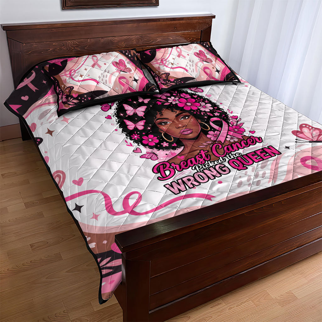 African American Breast Cancer Awareness Queen Quilt Bed Set Pink Ribbon Floral Butterfly Boxing Gloves Warrior Art