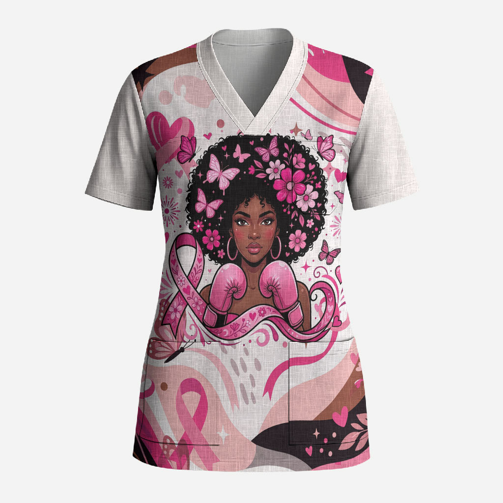 African American Breast Cancer Awareness Queen Scrub Top Pink Ribbon Floral Butterfly Boxing Gloves Warrior Art
