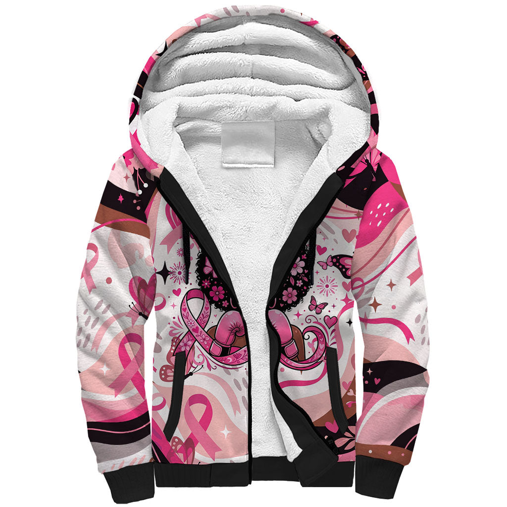 African American Breast Cancer Awareness Queen Sherpa Hoodie Pink Ribbon Floral Butterfly Boxing Gloves Warrior Art