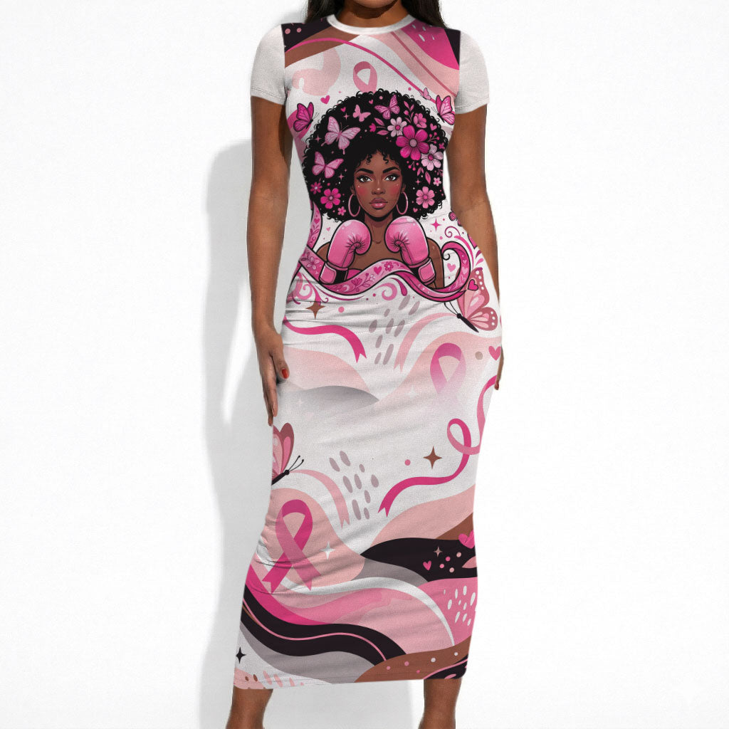 African American Breast Cancer Awareness Queen Short Sleeve Bodycon Dress Pink Ribbon Floral Butterfly Boxing Gloves Warrior Art