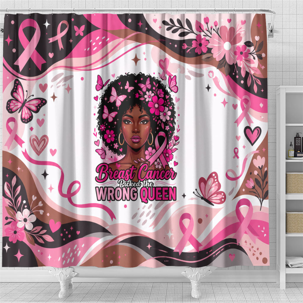 African American Breast Cancer Awareness Queen Shower Curtain Pink Ribbon Floral Butterfly Boxing Gloves Warrior Art