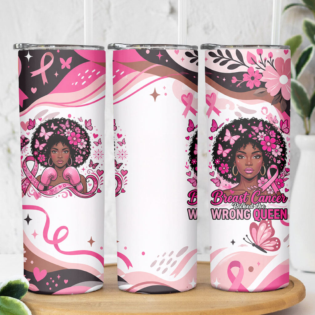 African American Breast Cancer Awareness Queen Skinny Tumbler Pink Ribbon Floral Butterfly Boxing Gloves Warrior Art
