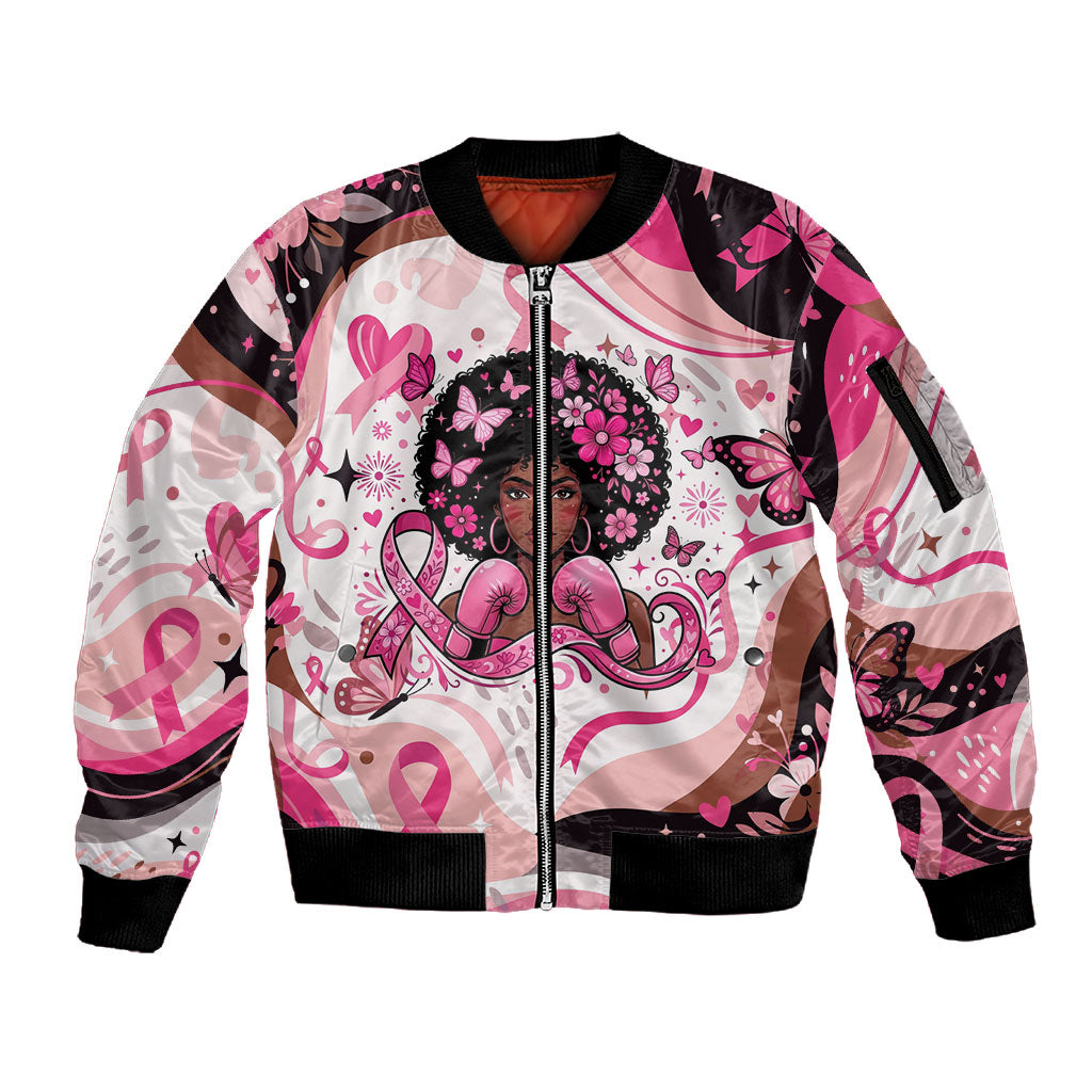 African American Breast Cancer Awareness Queen Sleeve Zip Bomber Jacket Pink Ribbon Floral Butterfly Boxing Gloves Warrior Art