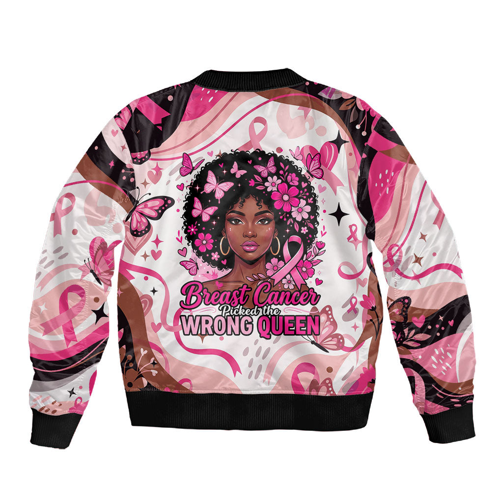African American Breast Cancer Awareness Queen Sleeve Zip Bomber Jacket Pink Ribbon Floral Butterfly Boxing Gloves Warrior Art