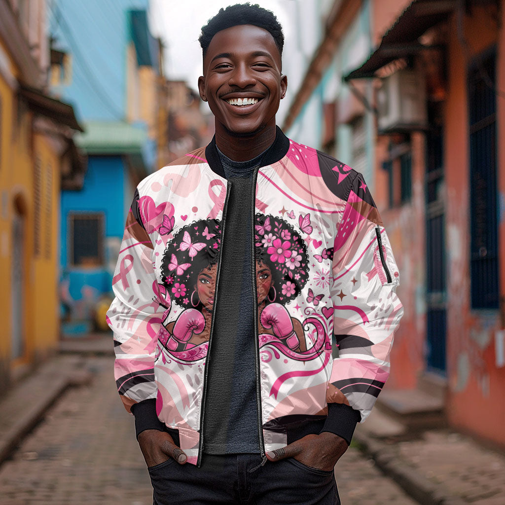 African American Breast Cancer Awareness Queen Sleeve Zip Bomber Jacket Pink Ribbon Floral Butterfly Boxing Gloves Warrior Art