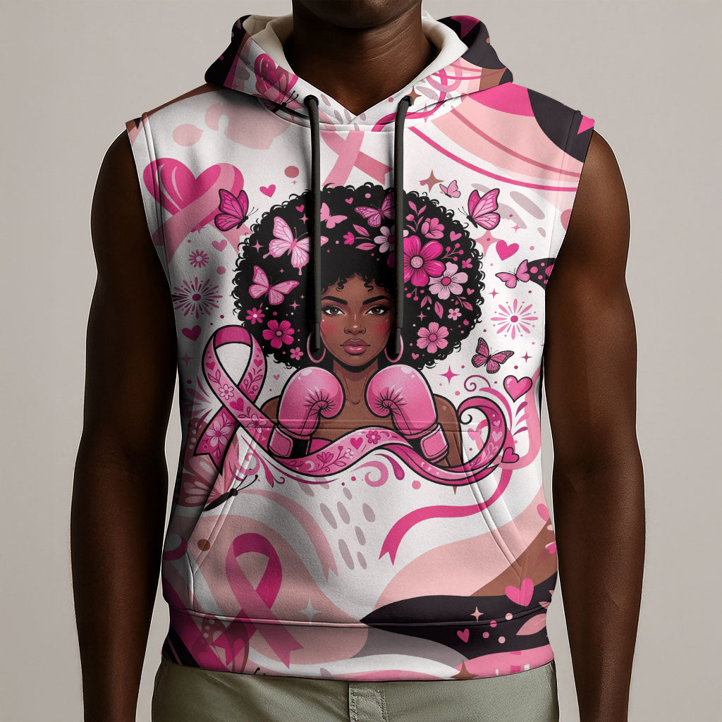 African American Breast Cancer Awareness Queen Sleeveless Hoodie Pink Ribbon Floral Butterfly Boxing Gloves Warrior Art