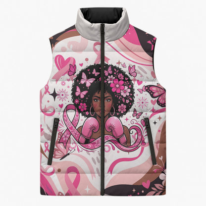 African American Breast Cancer Awareness Queen Sleeveless Puffer Jacket Pink Ribbon Floral Butterfly Boxing Gloves Warrior Art