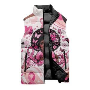 African American Breast Cancer Awareness Queen Sleeveless Puffer Jacket Pink Ribbon Floral Butterfly Boxing Gloves Warrior Art