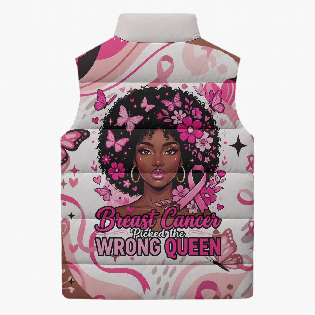African American Breast Cancer Awareness Queen Sleeveless Puffer Jacket Pink Ribbon Floral Butterfly Boxing Gloves Warrior Art