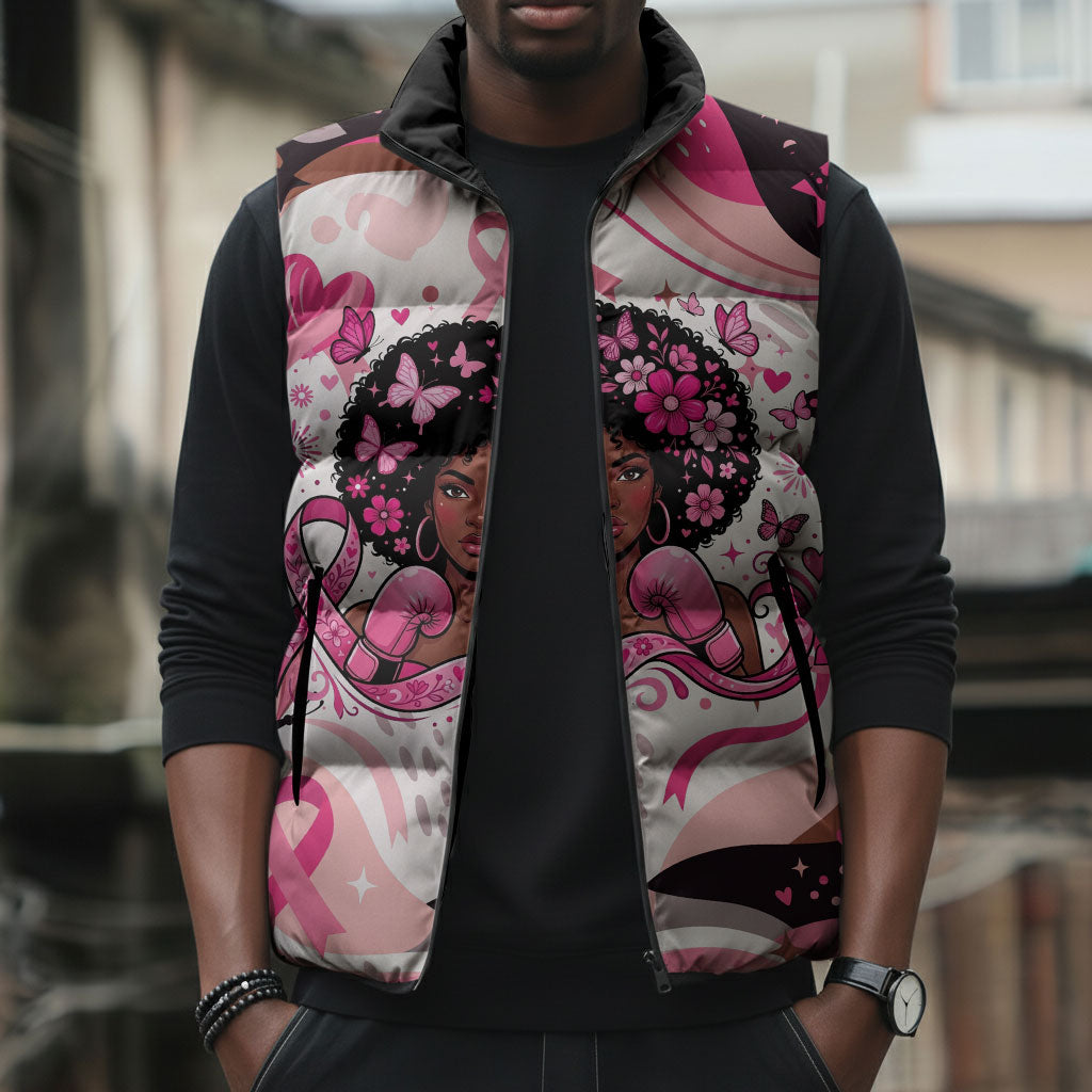 African American Breast Cancer Awareness Queen Sleeveless Puffer Jacket Pink Ribbon Floral Butterfly Boxing Gloves Warrior Art