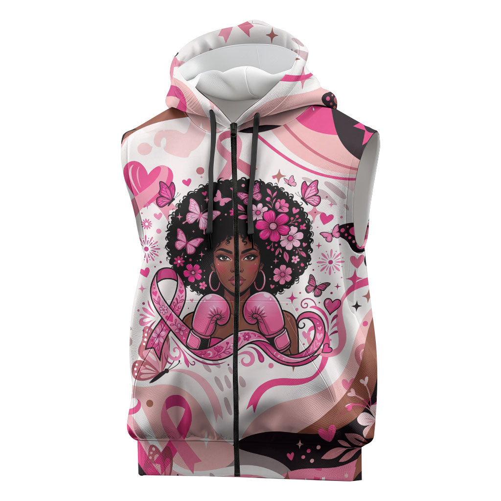 African American Breast Cancer Awareness Queen Sleeveless Zip Hoodie Pink Ribbon Floral Butterfly Boxing Gloves Warrior Art