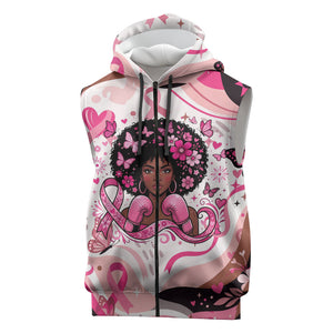 African American Breast Cancer Awareness Queen Sleeveless Zip Hoodie Pink Ribbon Floral Butterfly Boxing Gloves Warrior Art
