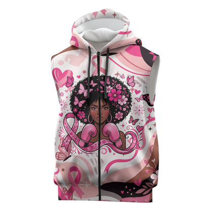African American Breast Cancer Awareness Queen Sleeveless Zip Hoodie Pink Ribbon Floral Butterfly Boxing Gloves Warrior Art