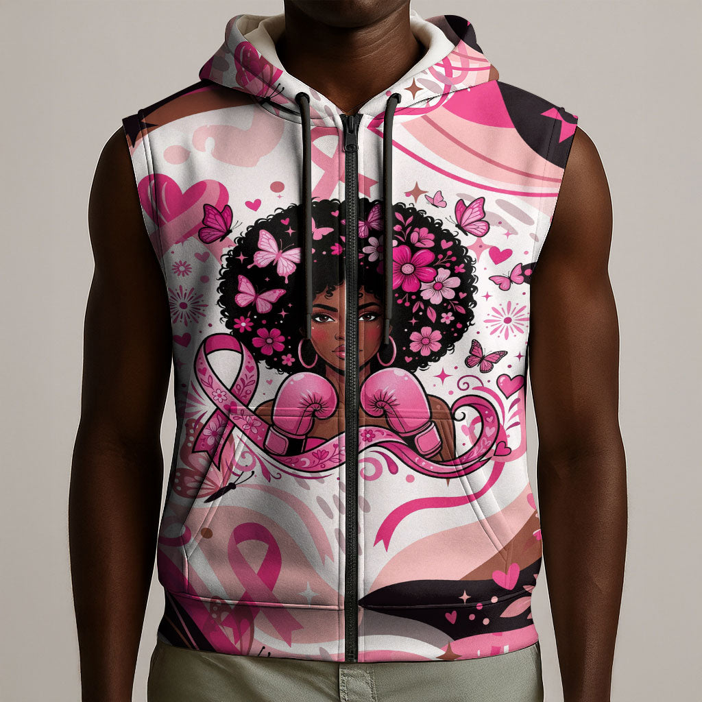 African American Breast Cancer Awareness Queen Sleeveless Zip Hoodie Pink Ribbon Floral Butterfly Boxing Gloves Warrior Art