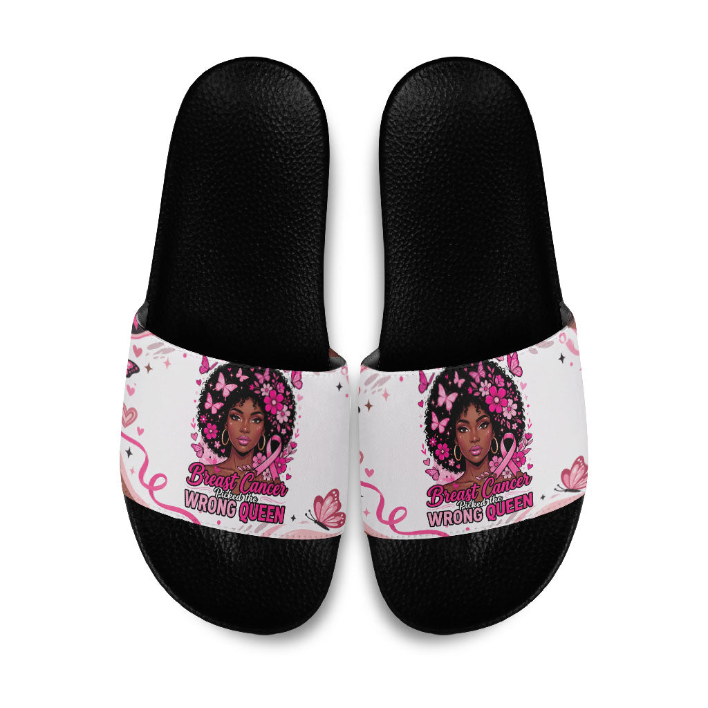 African American Breast Cancer Awareness Queen Slide Sandals Pink Ribbon Floral Butterfly Boxing Gloves Warrior Art