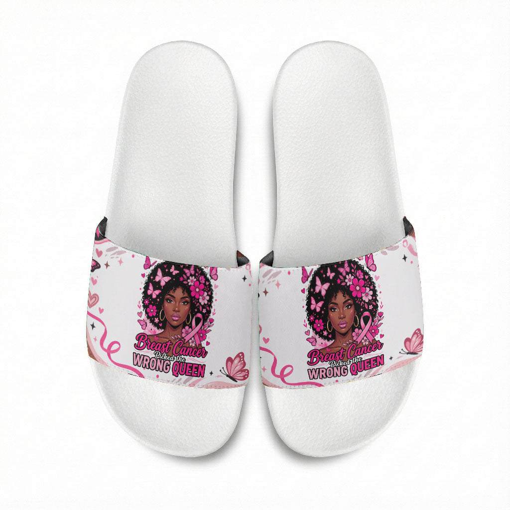 African American Breast Cancer Awareness Queen Slide Sandals Pink Ribbon Floral Butterfly Boxing Gloves Warrior Art