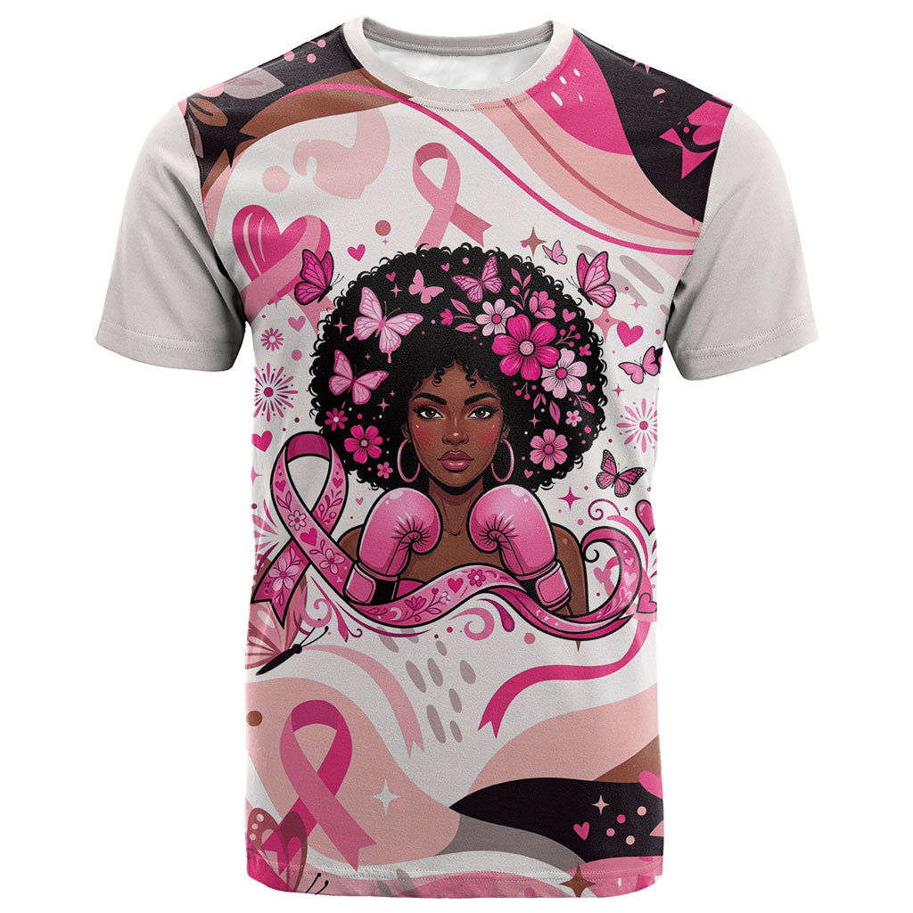 African American Breast Cancer Awareness Queen T shirt Pink Ribbon Floral Butterfly Boxing Gloves Warrior Art