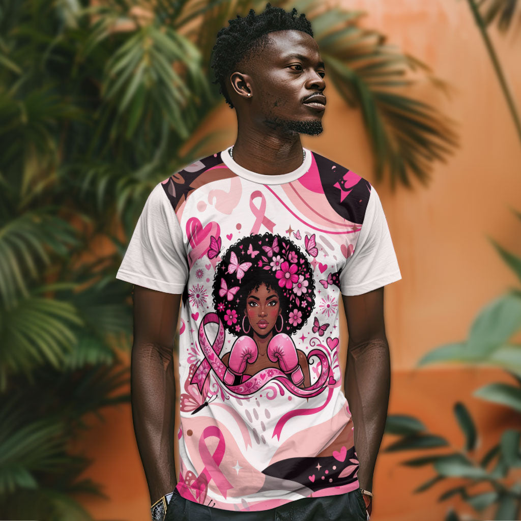 African American Breast Cancer Awareness Queen T shirt Pink Ribbon Floral Butterfly Boxing Gloves Warrior Art