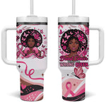African American Breast Cancer Awareness Queen Tumbler With Handle Pink Ribbon Floral Butterfly Boxing Gloves Warrior Art