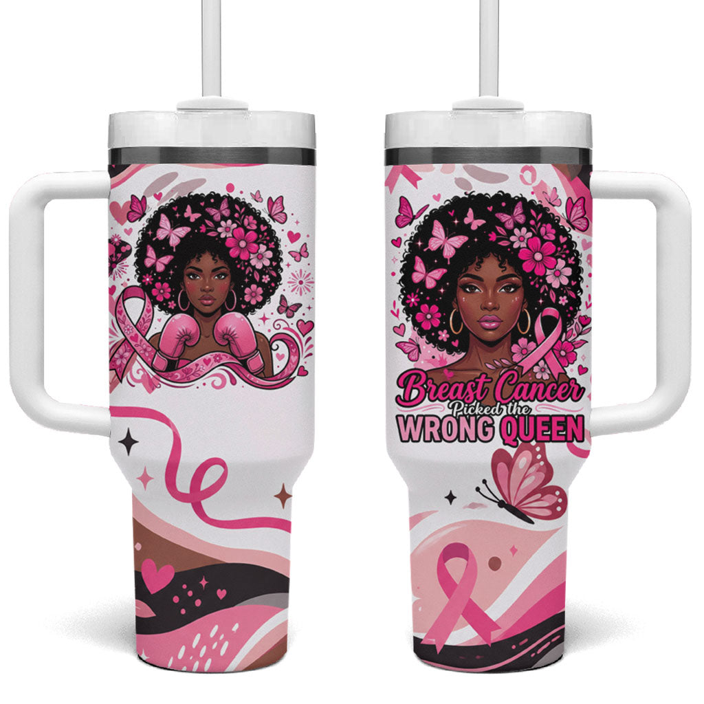 African American Breast Cancer Awareness Queen Tumbler With Handle Pink Ribbon Floral Butterfly Boxing Gloves Warrior Art