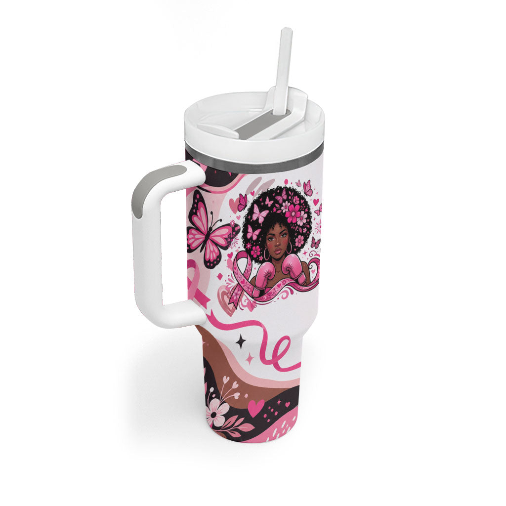 African American Breast Cancer Awareness Queen Tumbler With Handle Pink Ribbon Floral Butterfly Boxing Gloves Warrior Art