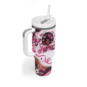African American Breast Cancer Awareness Queen Tumbler With Handle Pink Ribbon Floral Butterfly Boxing Gloves Warrior Art