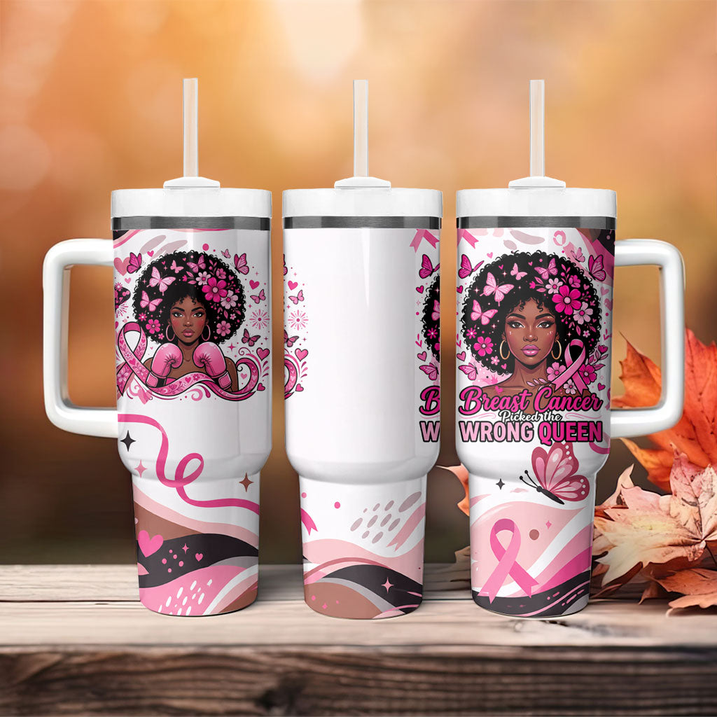 African American Breast Cancer Awareness Queen Tumbler With Handle Pink Ribbon Floral Butterfly Boxing Gloves Warrior Art